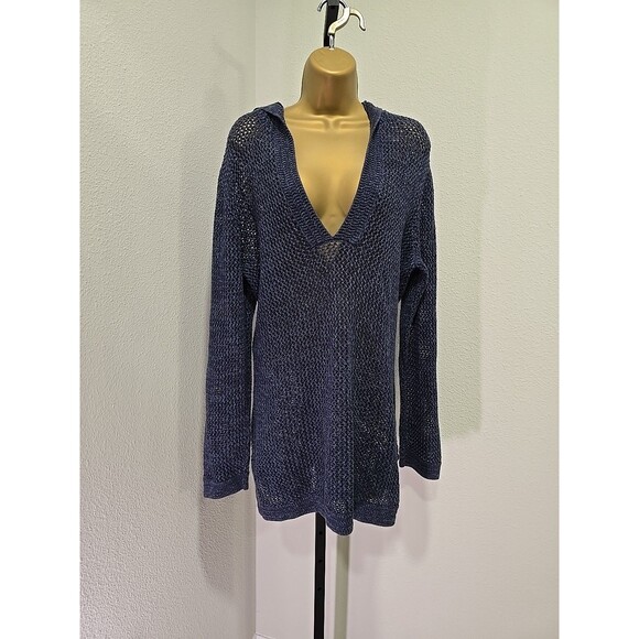 Blue Open Knit Hooded Sweater V Neck Womens Chicos 3 XXL Stretch Coastal Crochet - Picture 7 of 7